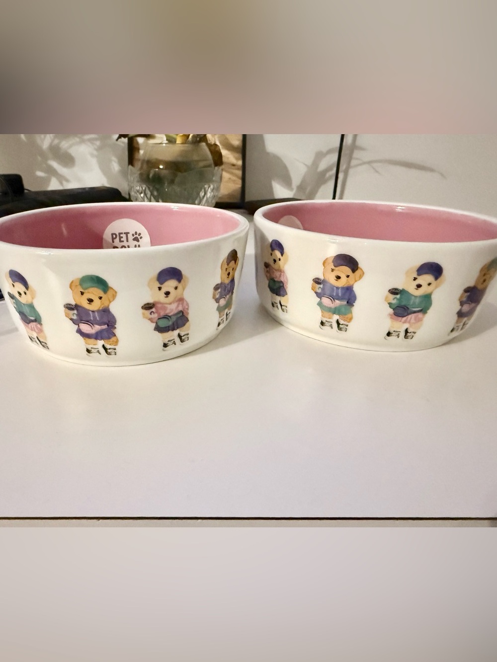 Rockybear Pet Ceramic Dog Cat Bowls Pink Teddy Bear Set of 2 New
